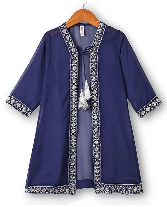 Babyhug Georgette Woven Three Fourth Sleeves Lehenga & Choli With Jacket Set Lace & Embroidery Detailing - Navy Blue