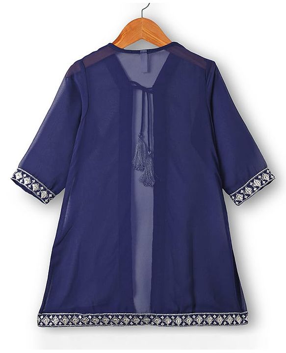 Babyhug Georgette Woven Three Fourth Sleeves Lehenga & Choli With Jacket Set Lace & Embroidery Detailing - Navy Blue