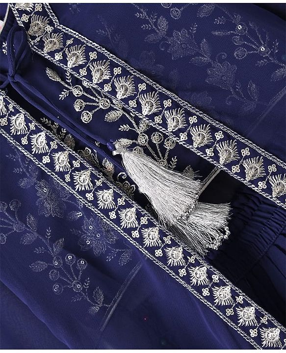 Babyhug Georgette Woven Three Fourth Sleeves Lehenga & Choli With Jacket Set Lace & Embroidery Detailing - Navy Blue