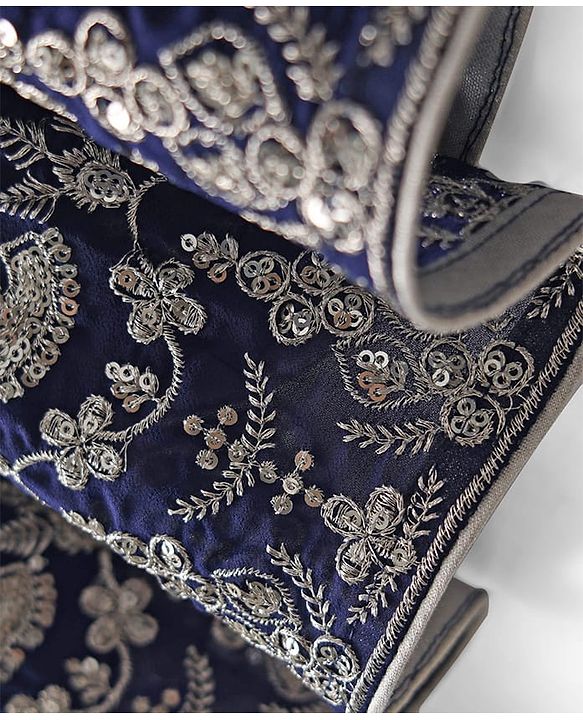 Babyhug Georgette Woven Three Fourth Sleeves Lehenga & Choli With Jacket Set Lace & Embroidery Detailing - Navy Blue
