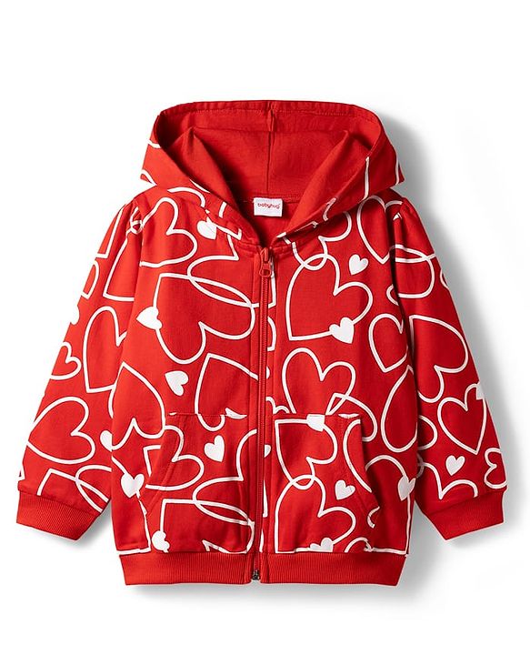 Babyhug Cotton Knit Full Sleeves Hooded Sweatjacket With Heart Print & Kangaroo Pockets - Red