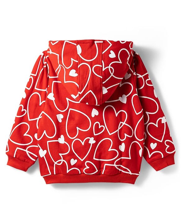 Babyhug Cotton Knit Full Sleeves Hooded Sweatjacket With Heart Print & Kangaroo Pockets - Red