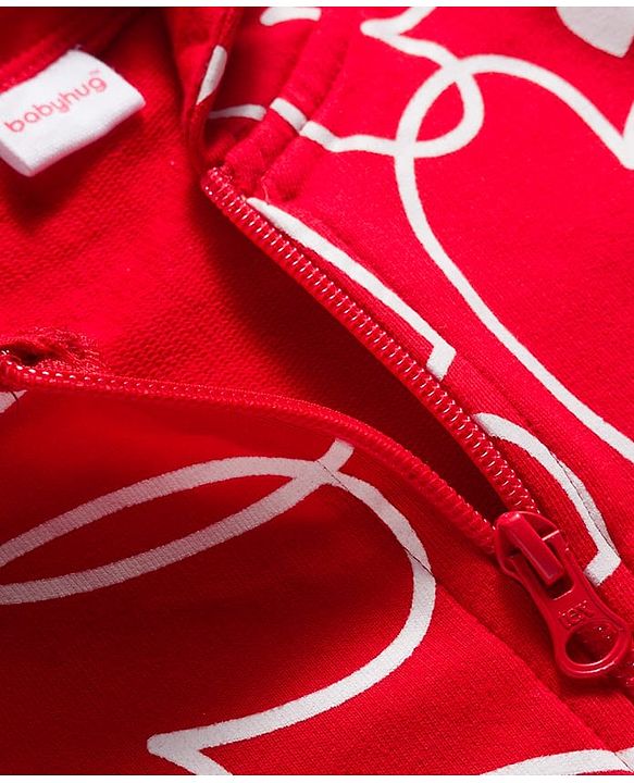 Babyhug Cotton Knit Full Sleeves Hooded Sweatjacket With Heart Print & Kangaroo Pockets - Red