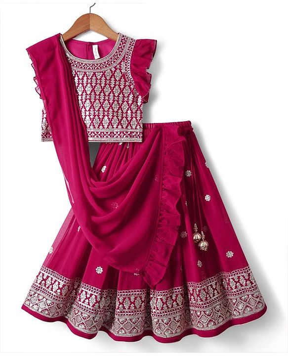 Babyhug Georgette Woven Frill Sleeves Lehenga Choli and Dupatta Set with Embroidery - Maroon