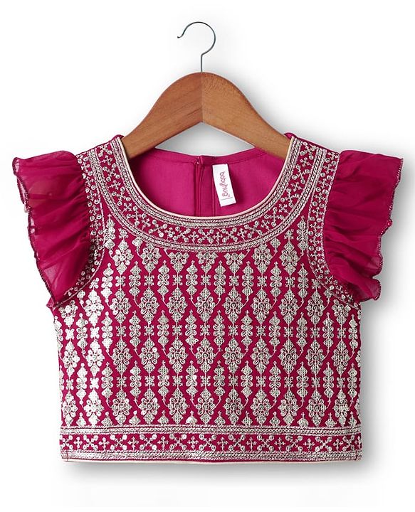 Babyhug Georgette Woven Frill Sleeves Lehenga Choli and Dupatta Set with Embroidery - Maroon