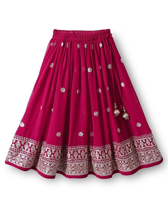 Babyhug Georgette Woven Frill Sleeves Lehenga Choli and Dupatta Set with Embroidery - Maroon