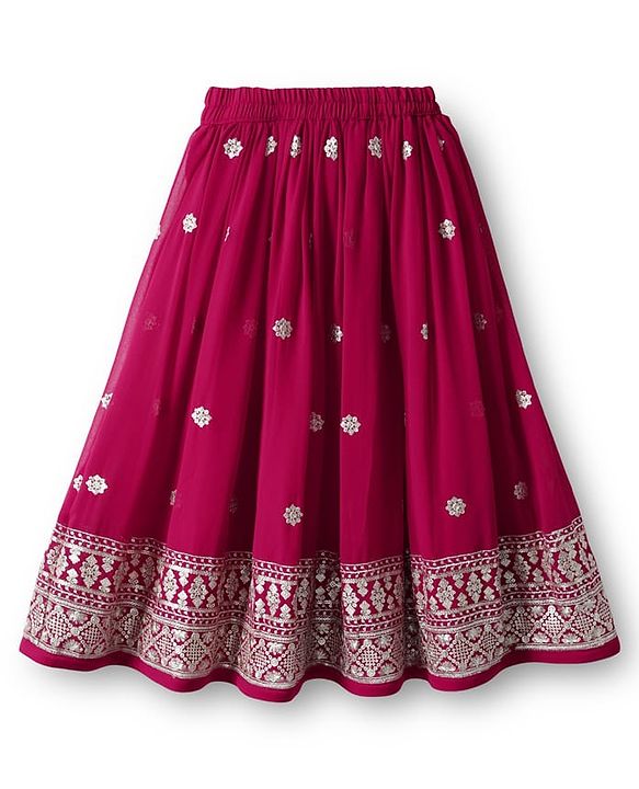Babyhug Georgette Woven Frill Sleeves Lehenga Choli and Dupatta Set with Embroidery - Maroon