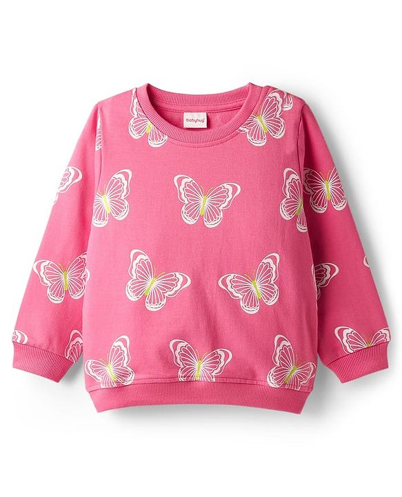 Babyhug Cotton Knit Full Sleeves Butterfly Printed Sweatshirts Pack of 2 - Light Green & Dark Pink