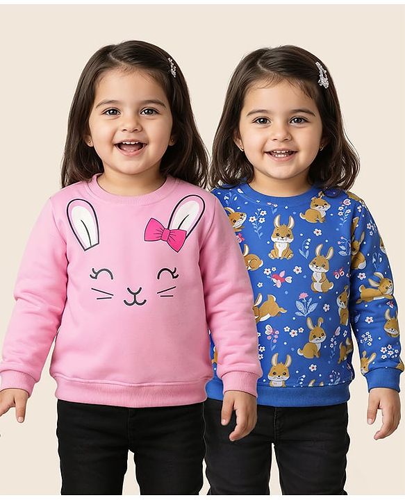 Babyhug Cotton Knit Full Sleeves Sweatshirts With Bunny Graphics Pack of 2 - Pink & Blue