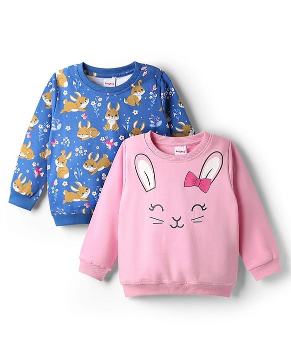 Babyhug Cotton Knit Full Sleeves Sweatshirts With Bunny Graphics Pack of 2 - Pink & Blue
