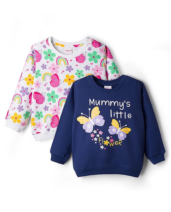 Babyhug Cotton Knit Full Sleeves Sweatshirts With Floral & Butterfly Graphics Pack of 2 - Navy Blue & White