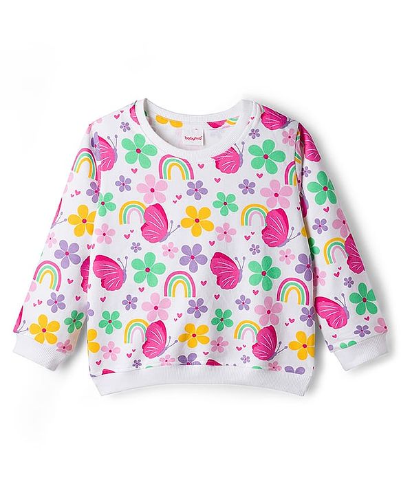 Babyhug Cotton Knit Full Sleeves Sweatshirts With Floral & Butterfly Graphics Pack of 2 - Navy Blue & White