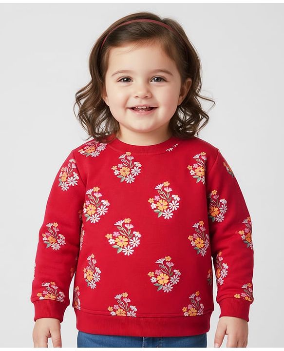 Babyhug Cotton Knit Full Sleeves Sweatshirt With Floral Print - Red
