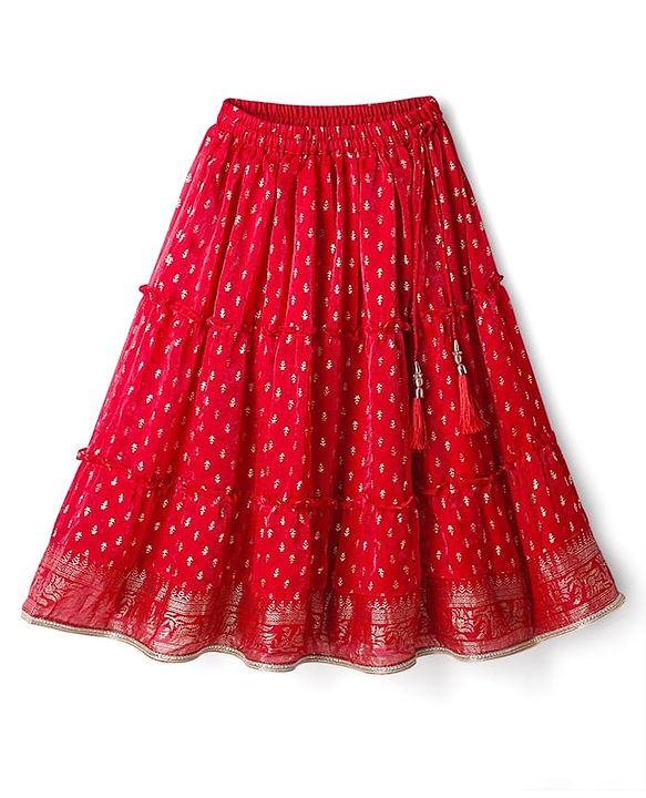 Babyhug Woven Half Sleeves Tierred Lehenga Choli & Dupatta Set with Foil Print & Lace Detailing - Red