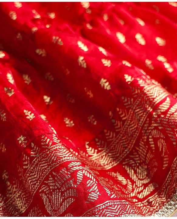Babyhug Woven Half Sleeves Tierred Lehenga Choli & Dupatta Set with Foil Print & Lace Detailing - Red