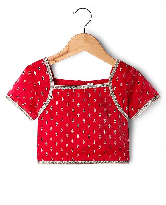 Babyhug Woven Half Sleeves Tierred Lehenga Choli & Dupatta Set with Foil Print & Lace Detailing - Red
