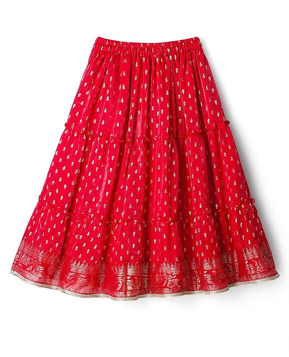 Babyhug Woven Half Sleeves Tierred Lehenga Choli & Dupatta Set with Foil Print & Lace Detailing - Red