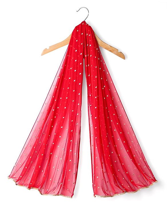 Babyhug Woven Half Sleeves Tierred Lehenga Choli & Dupatta Set with Foil Print & Lace Detailing - Red