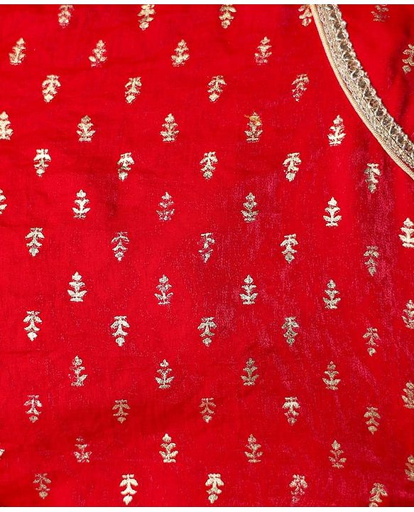 Babyhug Woven Half Sleeves Tierred Lehenga Choli & Dupatta Set with Foil Print & Lace Detailing - Red
