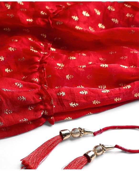 Babyhug Woven Half Sleeves Tierred Lehenga Choli & Dupatta Set with Foil Print & Lace Detailing - Red