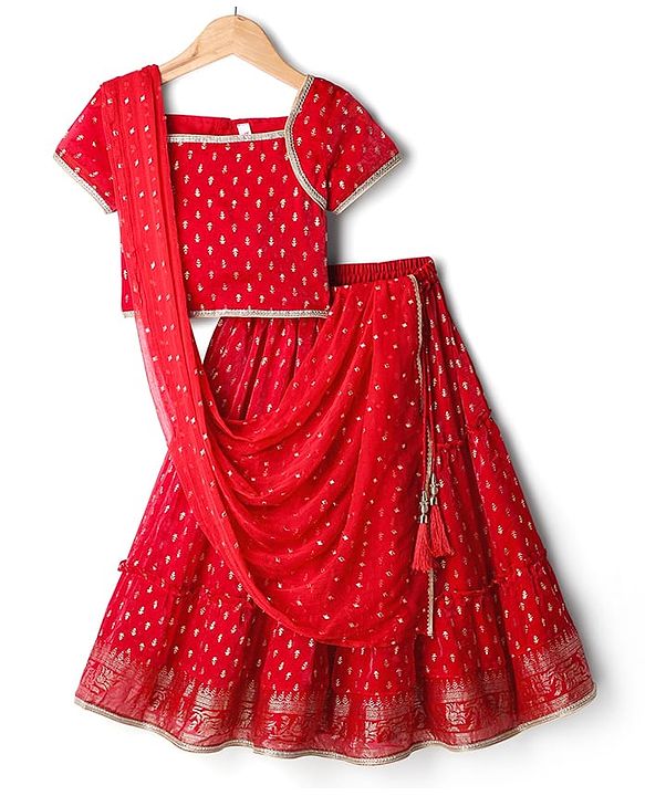 Babyhug Woven Half Sleeves Tierred Lehenga Choli & Dupatta Set with Foil Print & Lace Detailing - Red