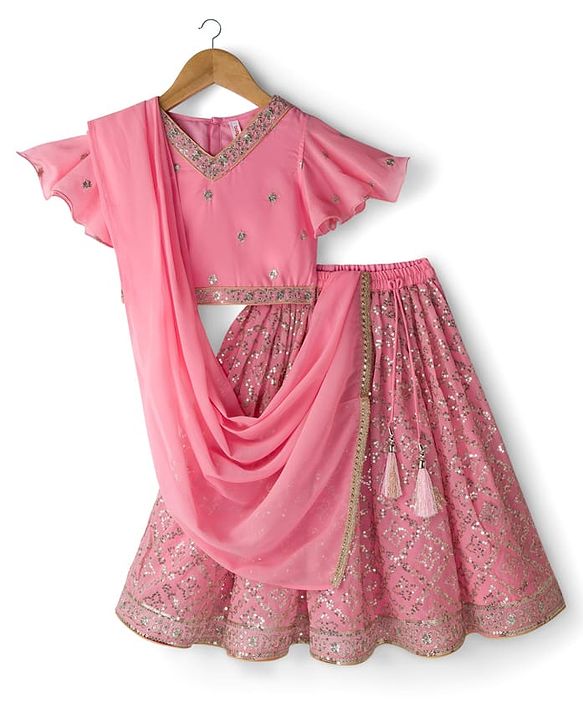 Babyhug Woven Flutter Sleeves Choli Lehenga & Dupatta Set With Sequin Detailing - Pink