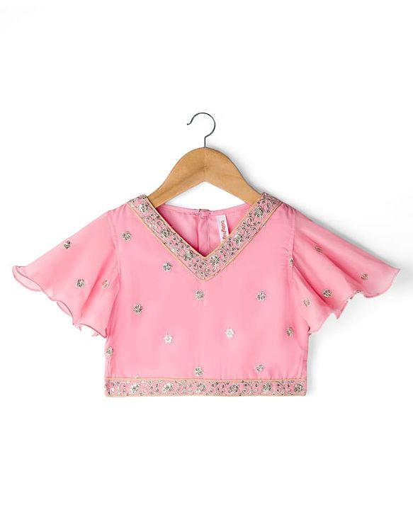 Babyhug Woven Flutter Sleeves Choli Lehenga & Dupatta Set With Sequin Detailing - Pink