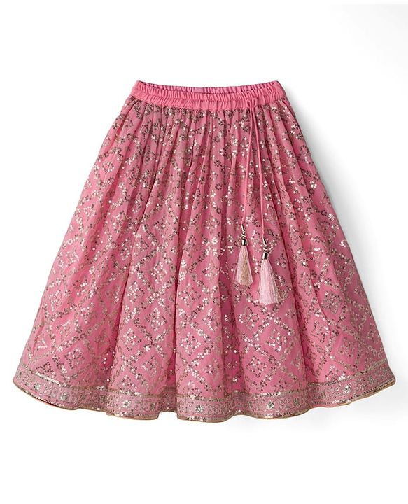 Babyhug Woven Flutter Sleeves Choli Lehenga & Dupatta Set With Sequin Detailing - Pink