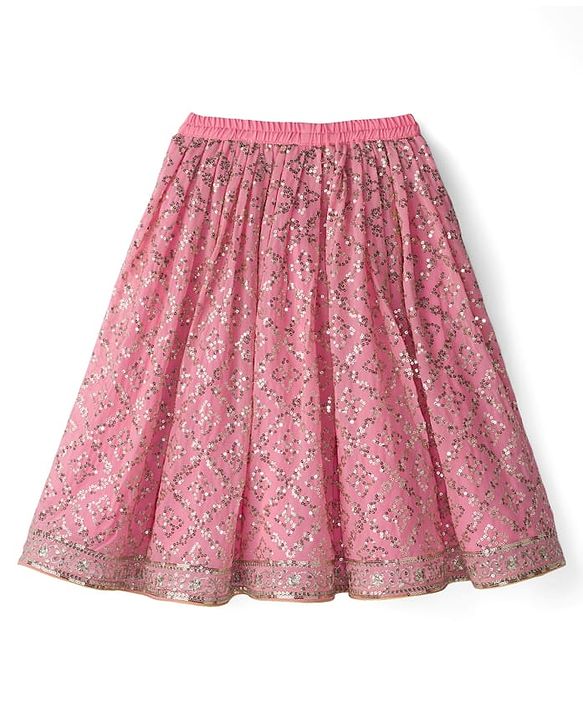 Babyhug Woven Flutter Sleeves Choli Lehenga & Dupatta Set With Sequin Detailing - Pink
