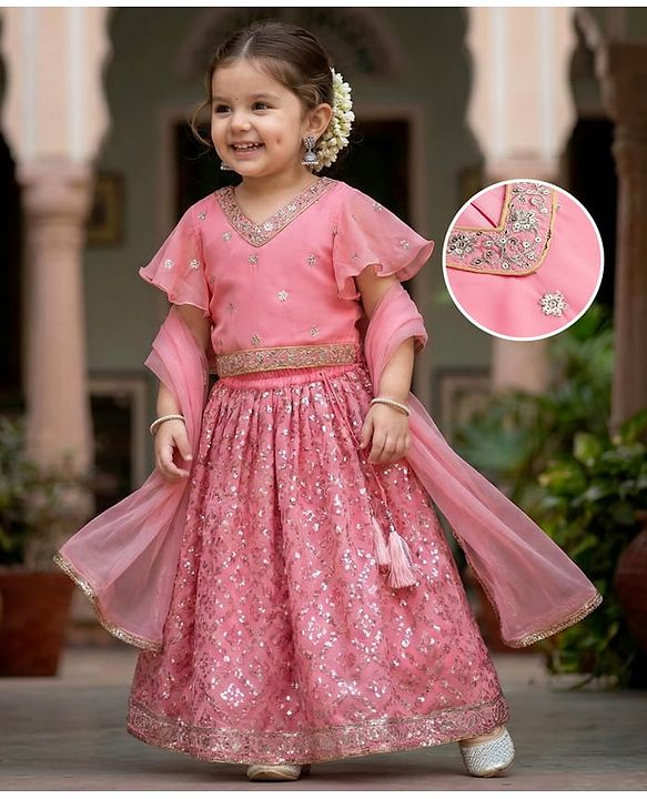 Babyhug Woven Flutter Sleeves Choli Lehenga & Dupatta Set With Sequin Detailing - Pink