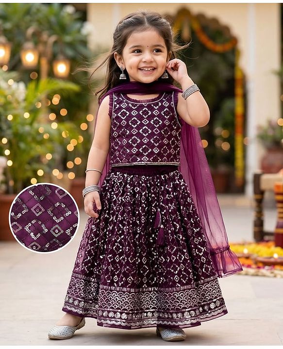 Babyhug Woven Sleeveless Lehenga Choli and Dupatta Set with Sequin Embroidery - Wine