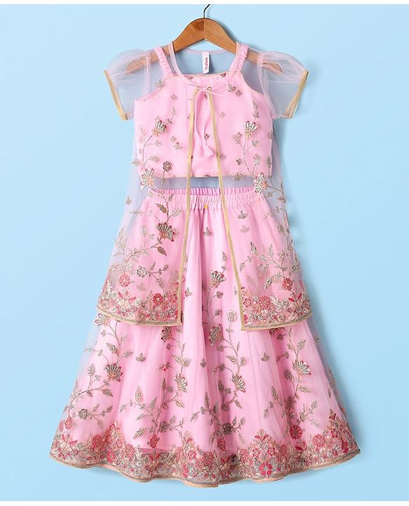 Babyhug Woven Choli Lehenga Set with Half Sleeves Jacket & Floral Embroidery - Pink