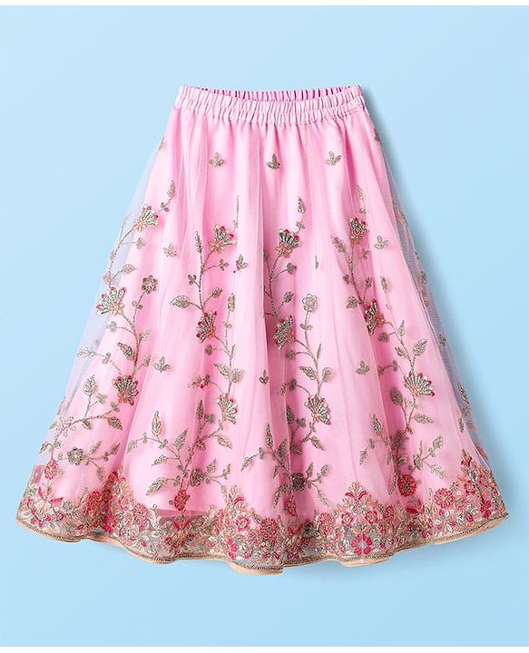 Babyhug Woven Choli Lehenga Set with Half Sleeves Jacket & Floral Embroidery - Pink