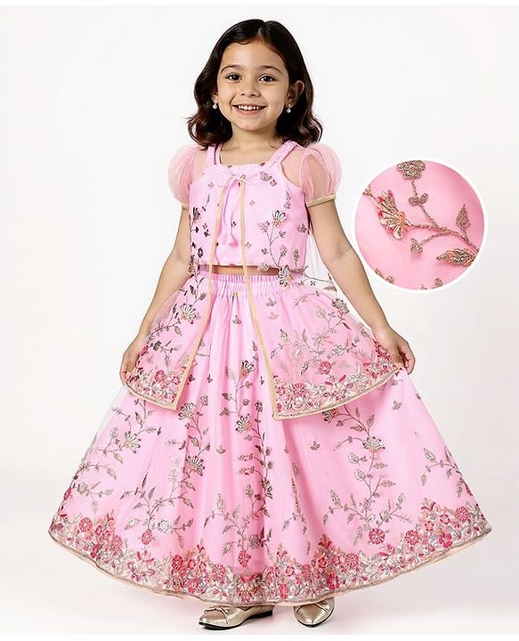 Babyhug Woven Choli Lehenga Set with Half Sleeves Jacket & Floral Embroidery - Pink