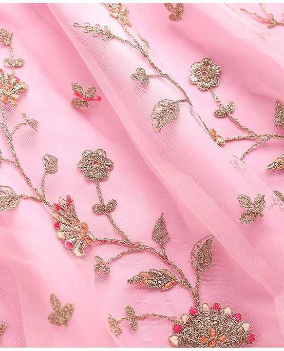 Babyhug Woven Choli Lehenga Set with Half Sleeves Jacket & Floral Embroidery - Pink