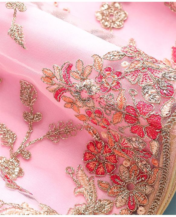 Babyhug Woven Choli Lehenga Set with Half Sleeves Jacket & Floral Embroidery - Pink