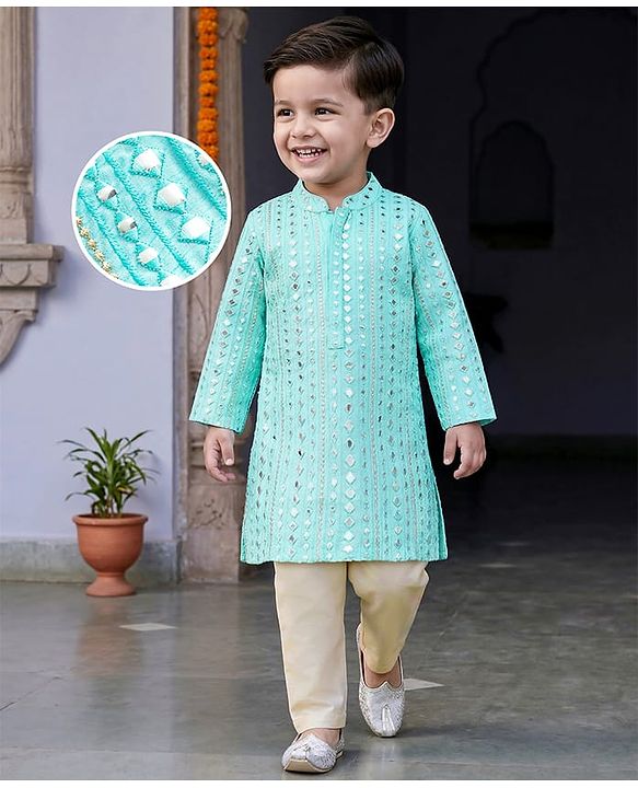 Babyhug Woven Full Sleeves Kurta Pajama Set With Embriodery - Aqua
