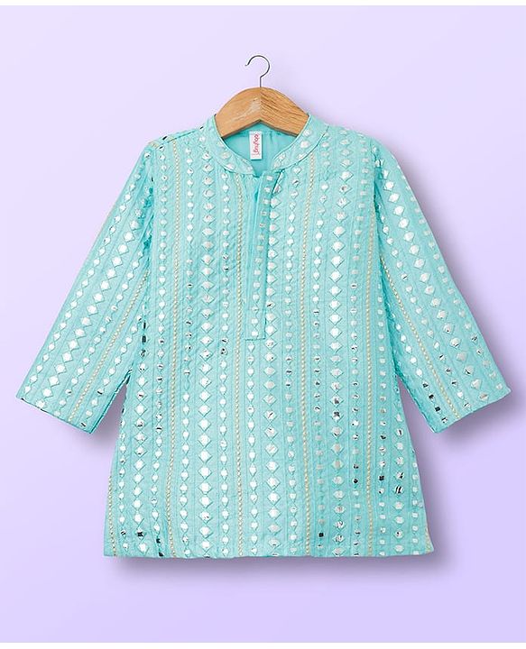 Babyhug Woven Full Sleeves Kurta Pajama Set With Embriodery - Aqua