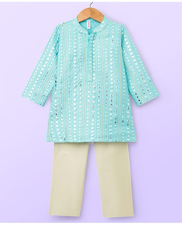 Babyhug Woven Full Sleeves Kurta Pajama Set With Embriodery - Aqua