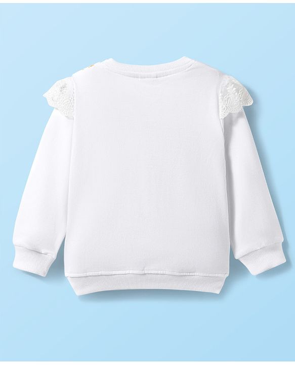 Babyhug Cotton Knit Full Sleeves Sweatshirt with Floral Print & Frill Detailing - White