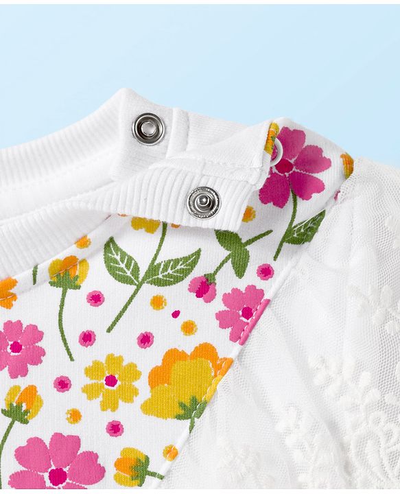 Babyhug Cotton Knit Full Sleeves Sweatshirt with Floral Print & Frill Detailing - White