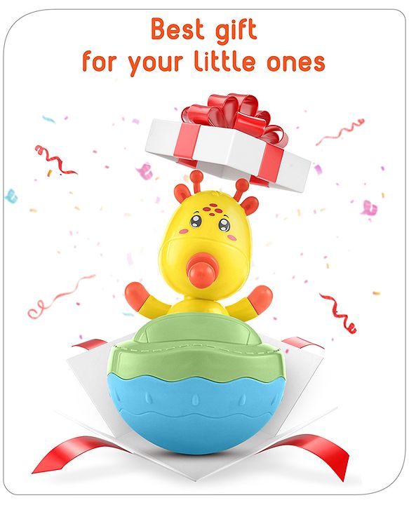Babyhug Giraffe on Boat Roly Poly Toy |Push and Shake| Attachable Face with Rocking Base|Wobbling Bell Sounds For 6 Months+|  Child Safe Material| Gifting Toy| BIS Certified