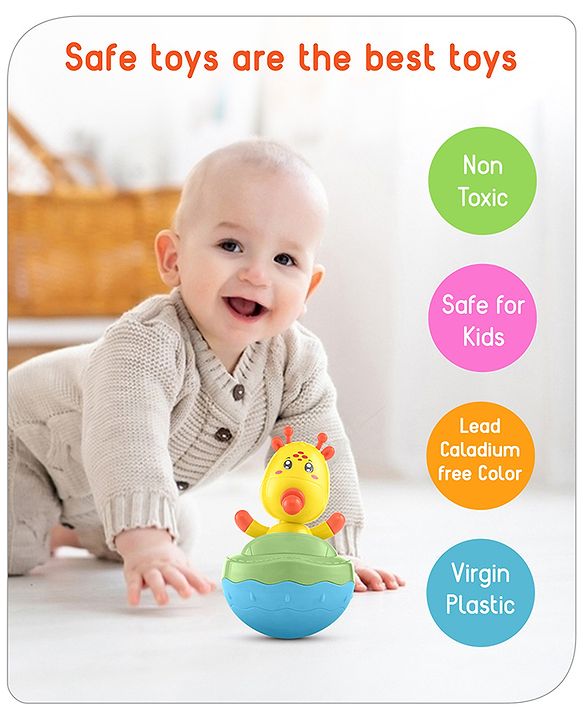 Babyhug Giraffe on Boat Roly Poly Toy |Push and Shake| Attachable Face with Rocking Base|Wobbling Bell Sounds For 6 Months+|  Child Safe Material| Gifting Toy| BIS Certified