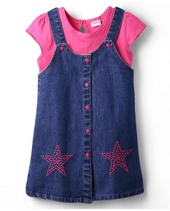 Babyhug Cotton Knit Half Sleeves Inner T-Shirt & Frock with Star Embroidery - Pink & Navy Blue