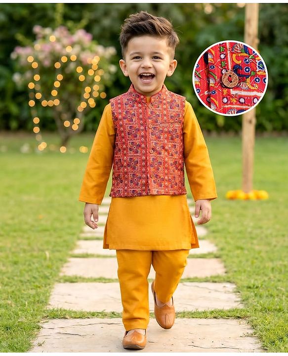 Babyhug Cotton Woven Full Sleeves Kurta & Pajama Set with Jacket Argyle Print - Maroon & Blue main image 0