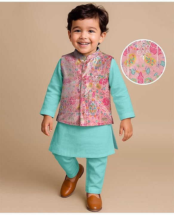 Babyhug Woven Full Sleeves Kurta Pajama Set with Jacket & Embroidery - Aqua Blue