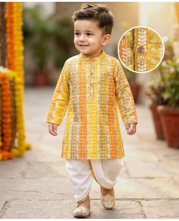 Babyhug Woven Full Sleeves Kurta Dhoti Set With Floral Print - Yellow