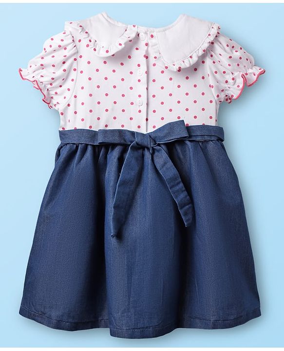 Babyhug Cotton Knit Half Sleeves Frock With Polka Dot Print & Floral Embroidery - Blue & White