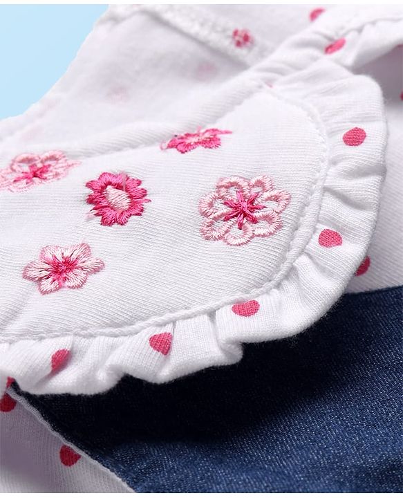 Babyhug Cotton Knit Half Sleeves Frock With Polka Dot Print & Floral Embroidery - Blue & White