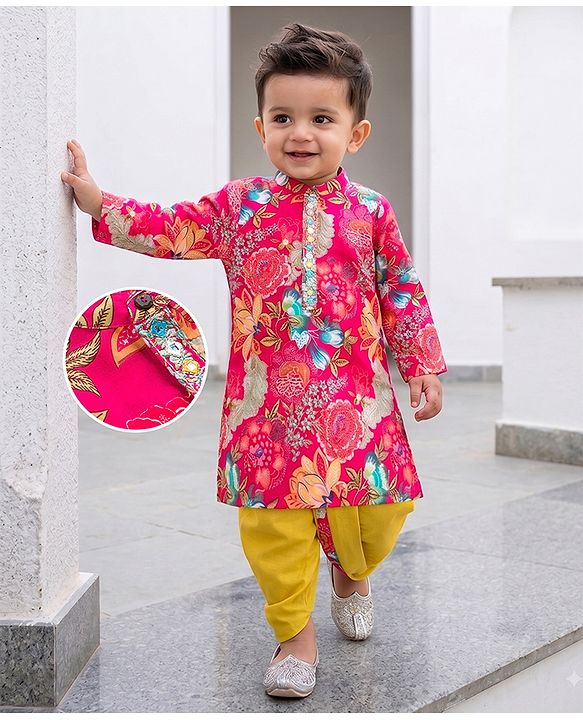 Babyhug 100% Cotton Woven Full Sleeves Floral Printed Kurta & Dhoti Set - Fuchsia & Green